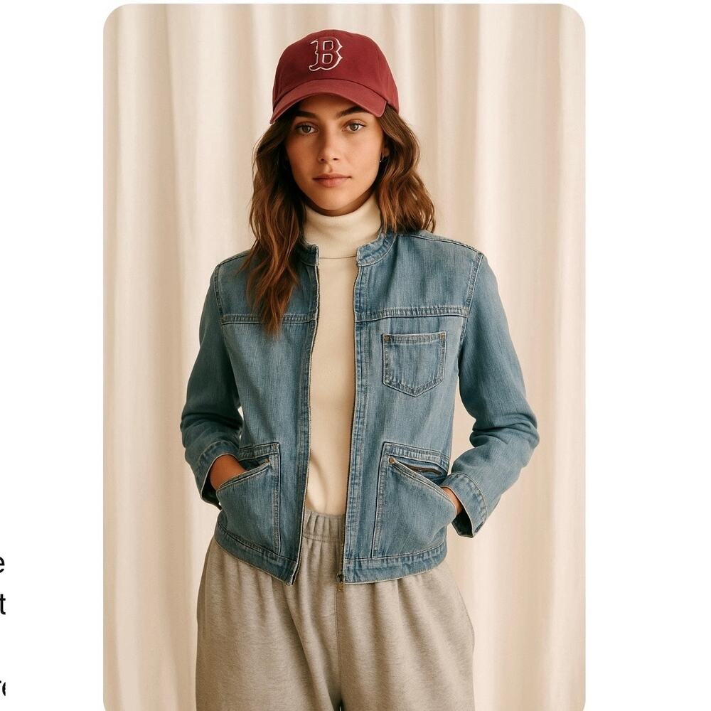 Vintage Old Navy 90s Minimalist French Chic Zip Up Denim Jacket - Picture 3 of 8